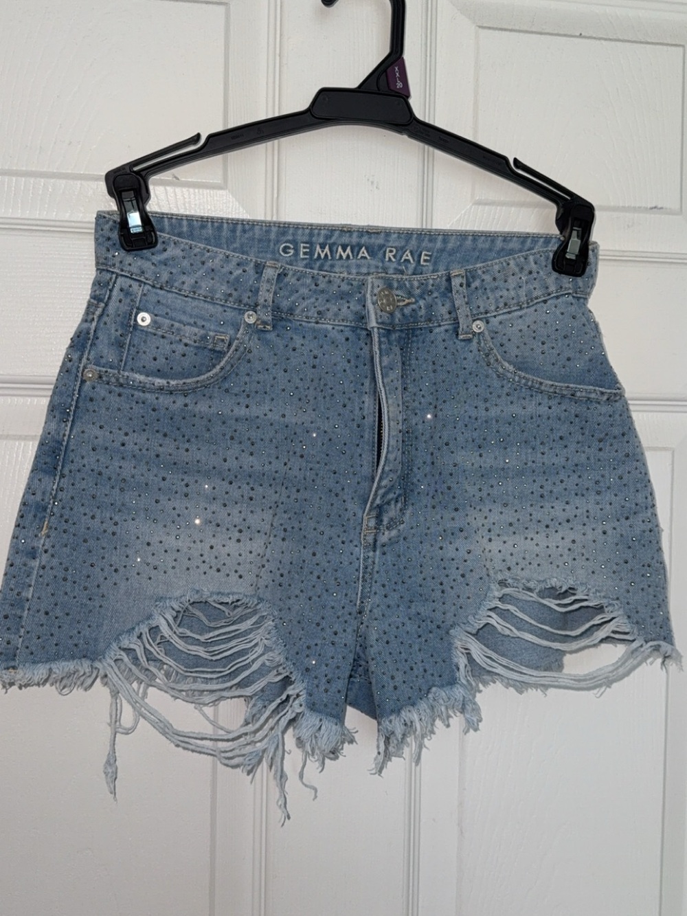 Gemma Rae Light Blue Studded Distressed Denim Shorts